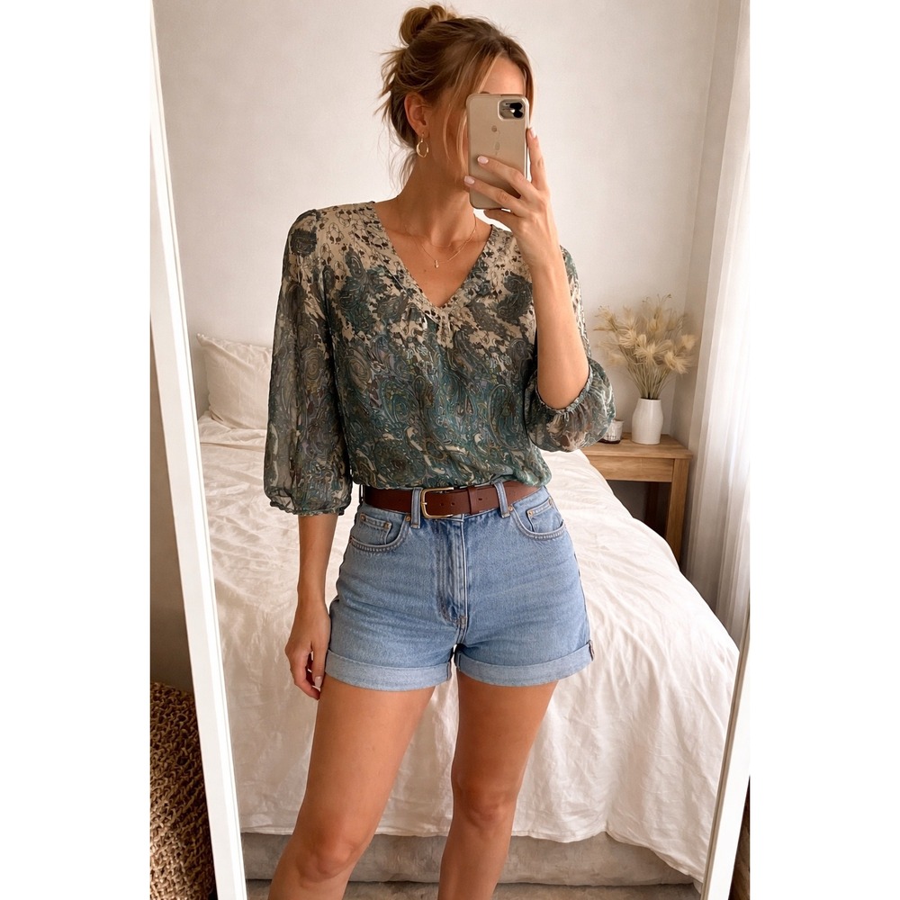 Sheer Paisley Blouse Womens Small Green Teal Boho 3/4 Sleeve Lightweight Top